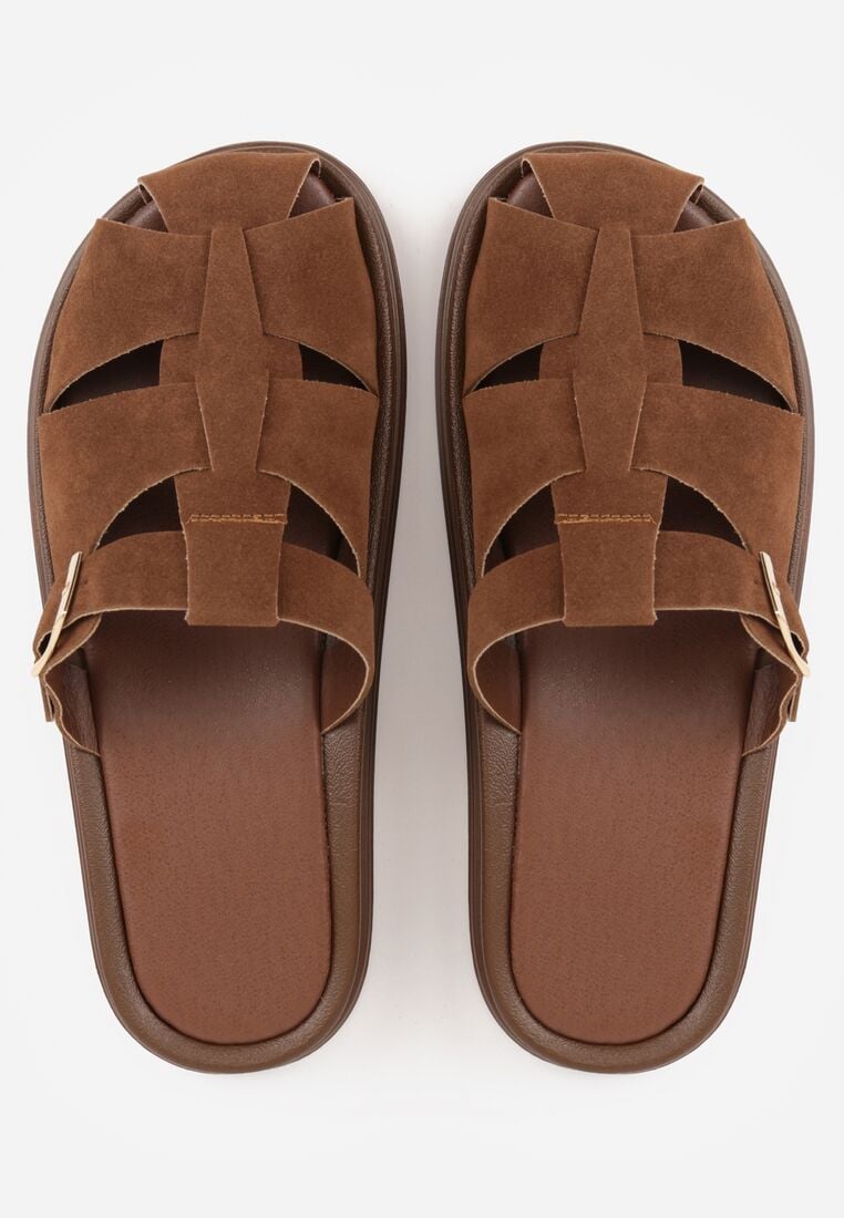 Ciemnobrązowe Klapki z Paskami i Kwadratową Sprzączką Olyndar 6