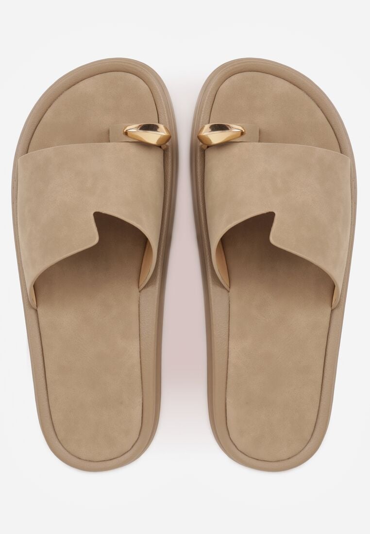 Ciemnobeżowe Klapki Typu Japonki z Metaliczną Ozdobą Samrina 6