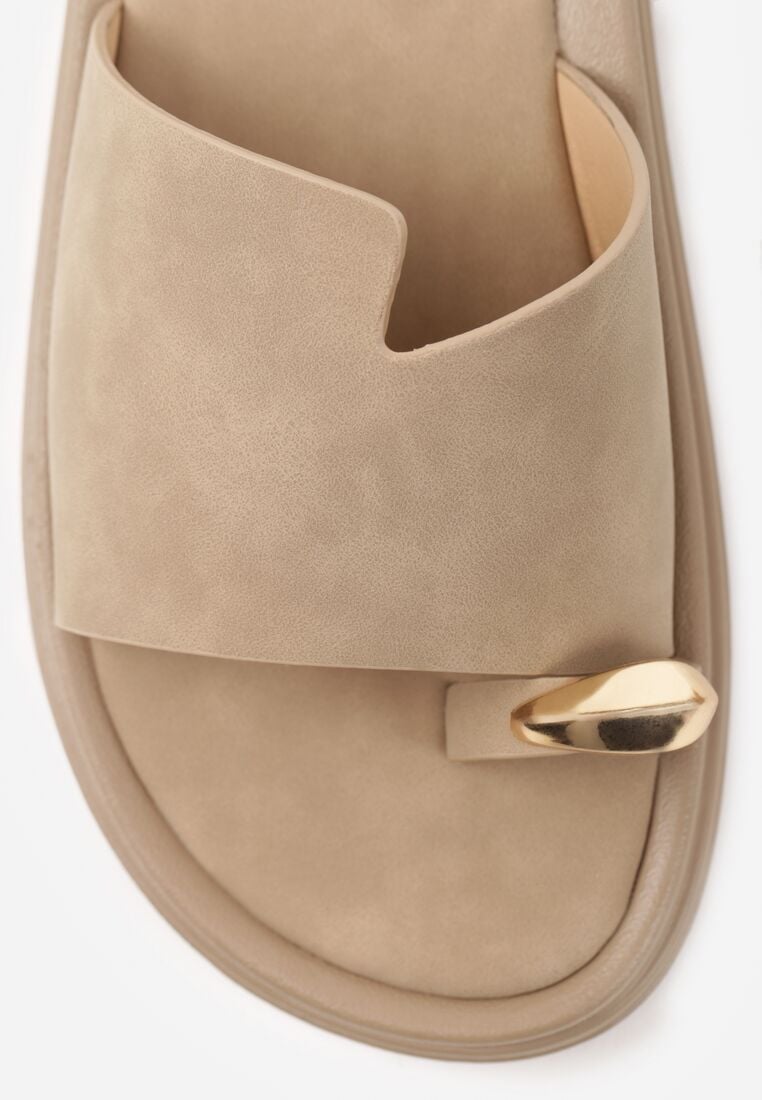 Ciemnobeżowe Klapki Typu Japonki z Metaliczną Ozdobą Samrina 8