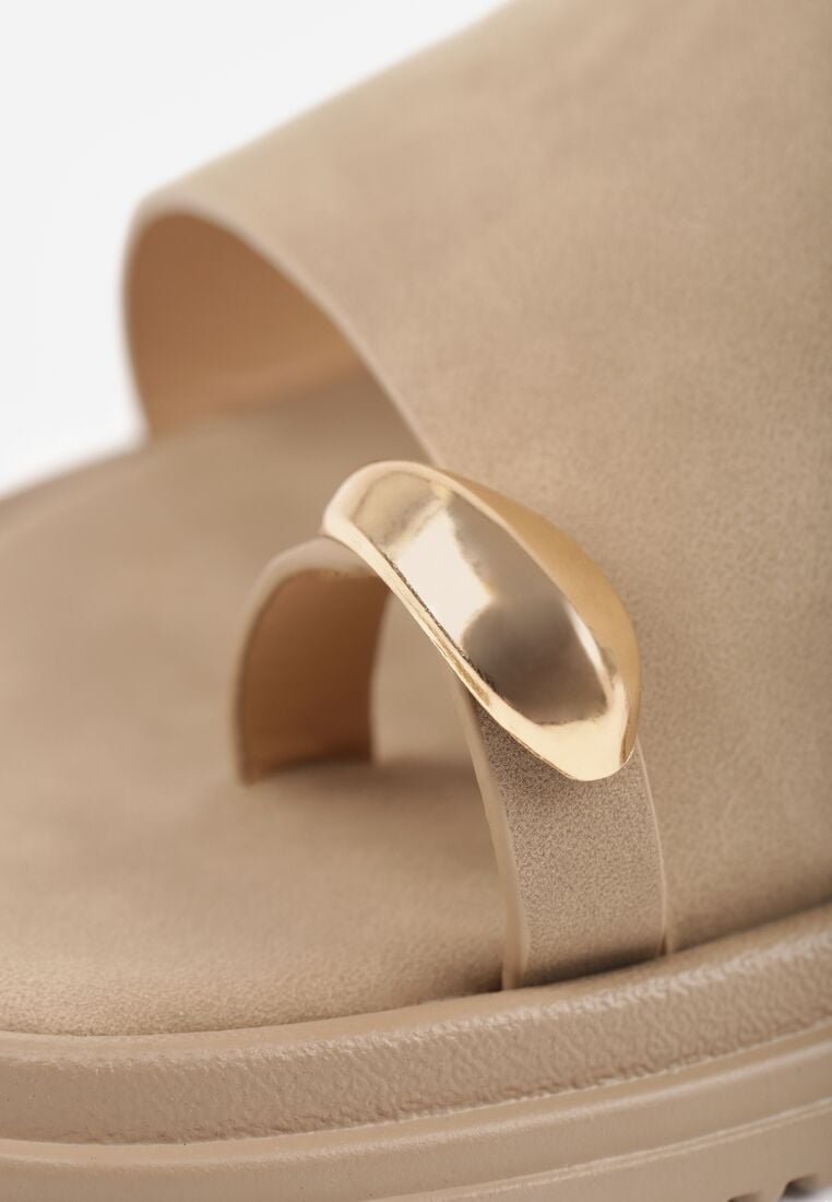 Ciemnobeżowe Klapki Typu Japonki z Metaliczną Ozdobą Samrina 9