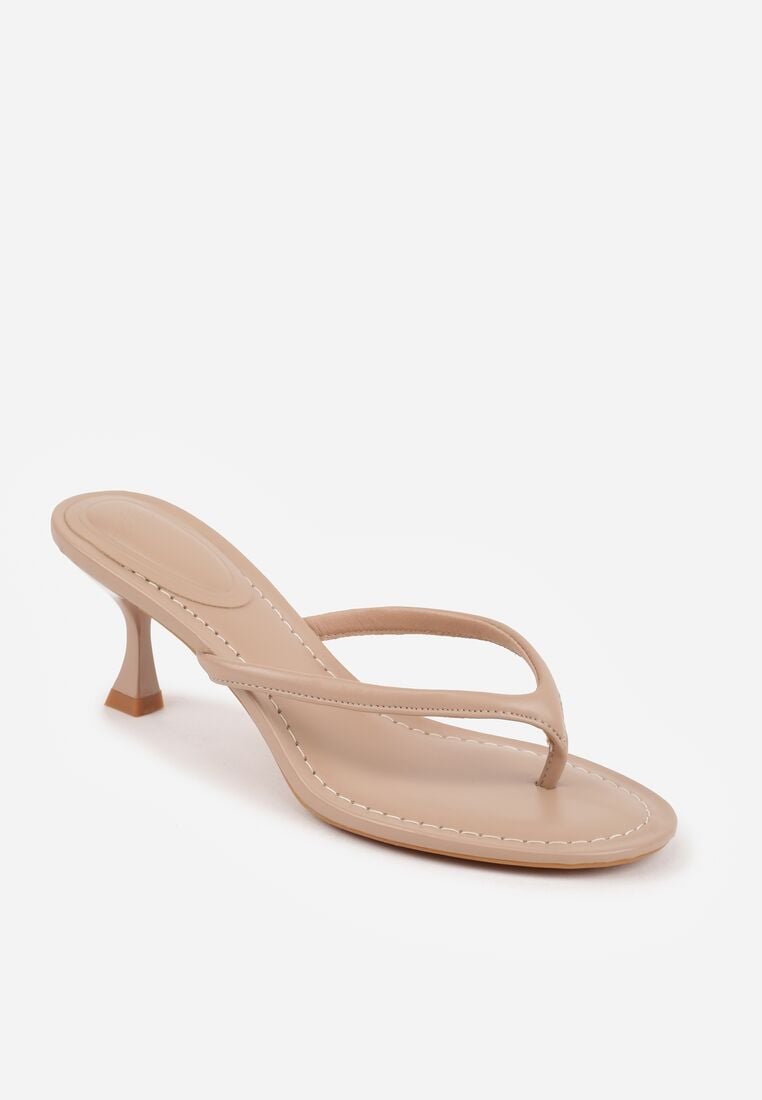 Ciemnobeżowe Klapki Japonki na Obcasie Typu Kaczuszka Livnara 5