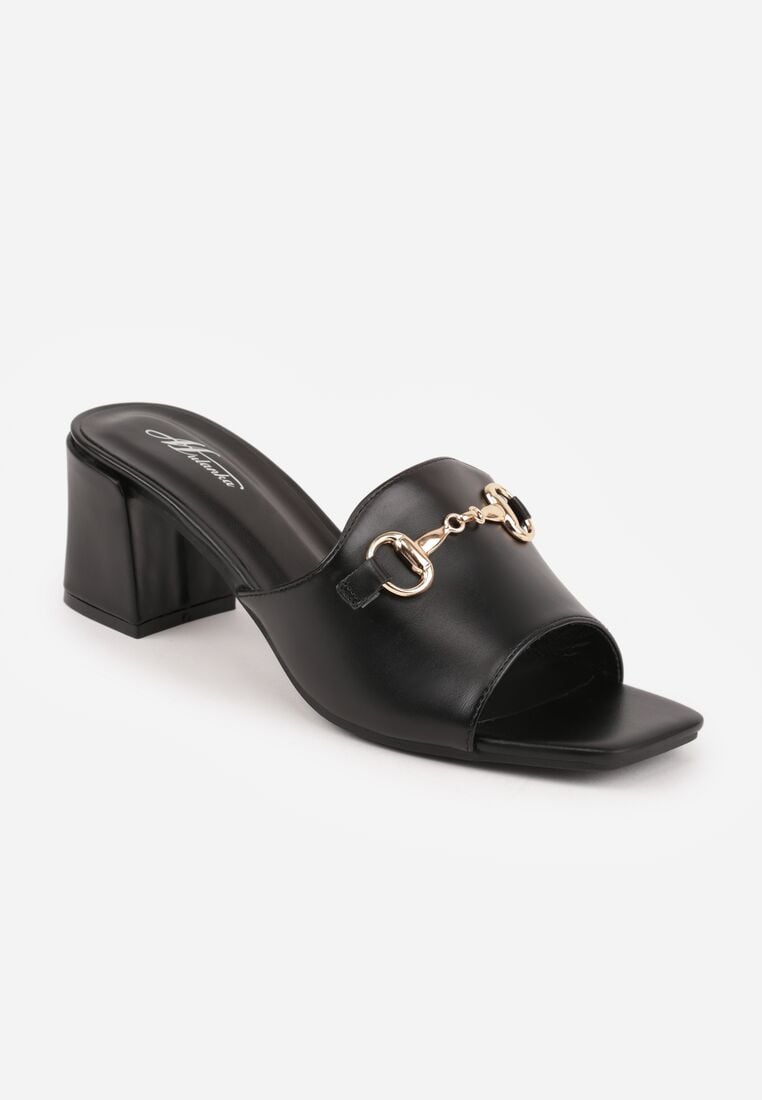 Czarne Eleganckie Klapki na Słupku z Odkrytym Noskiem i Metaliczną Aplikacją Anazia 5