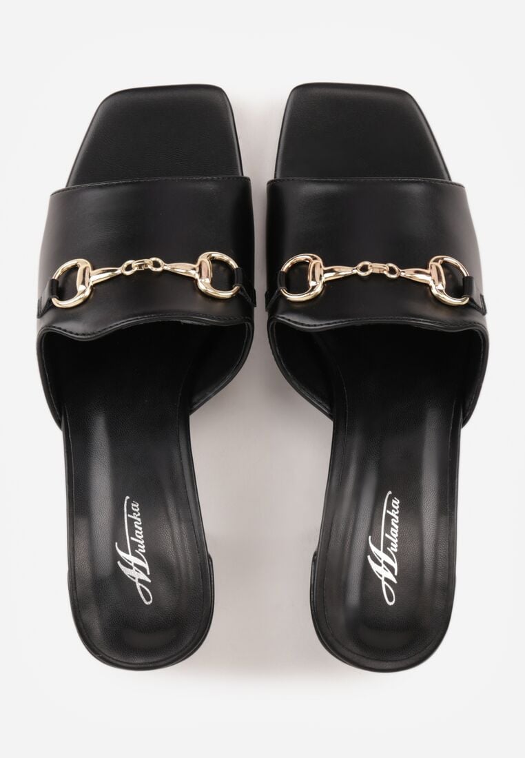 Czarne Eleganckie Klapki na Słupku z Odkrytym Noskiem i Metaliczną Aplikacją Anazia 6