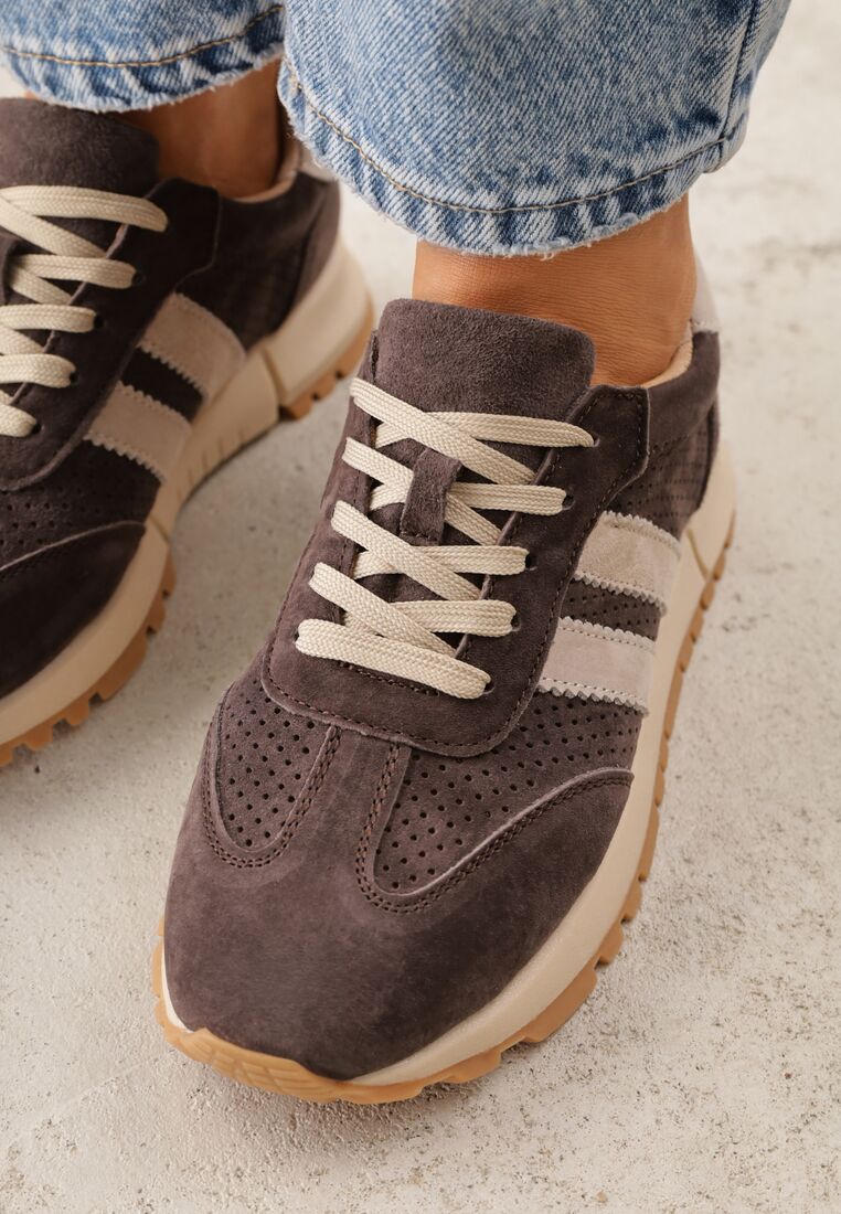 Brązowe Zamszowe Sneakersy Ozdobione Perforacją i Paskami Semielle 3