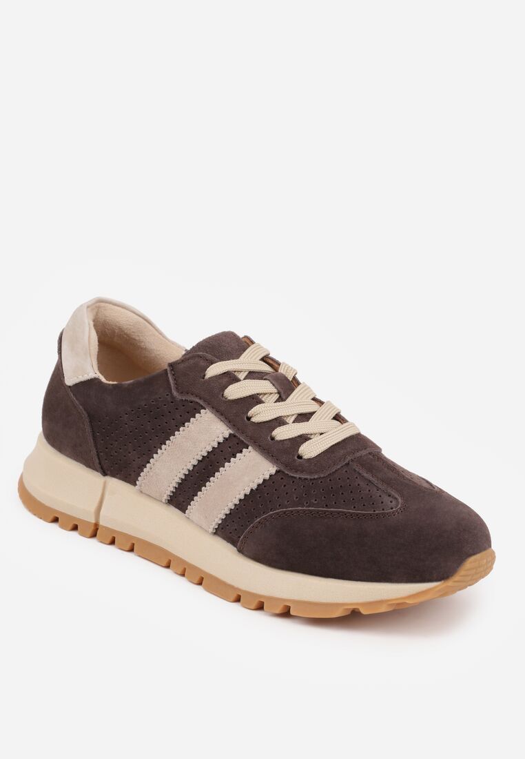 Brązowe Zamszowe Sneakersy Ozdobione Perforacją i Paskami Semielle 5