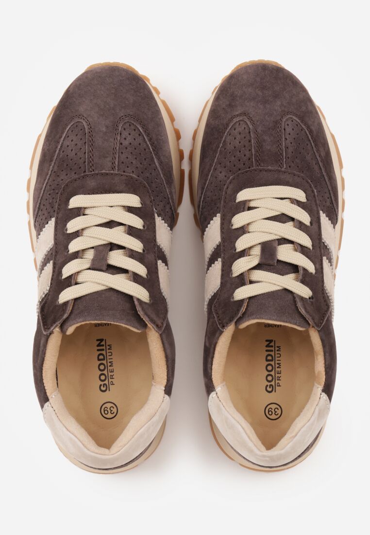 Brązowe Zamszowe Sneakersy Ozdobione Perforacją i Paskami Semielle 6