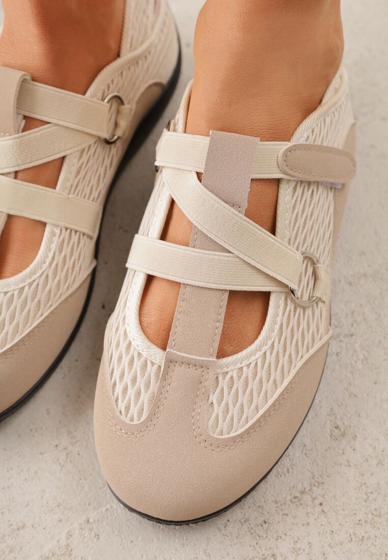 Ciemnobeżowe Siateczkowe Tenisówki w Stylu Balerinek z Paskiem na Rzep Talenate 3