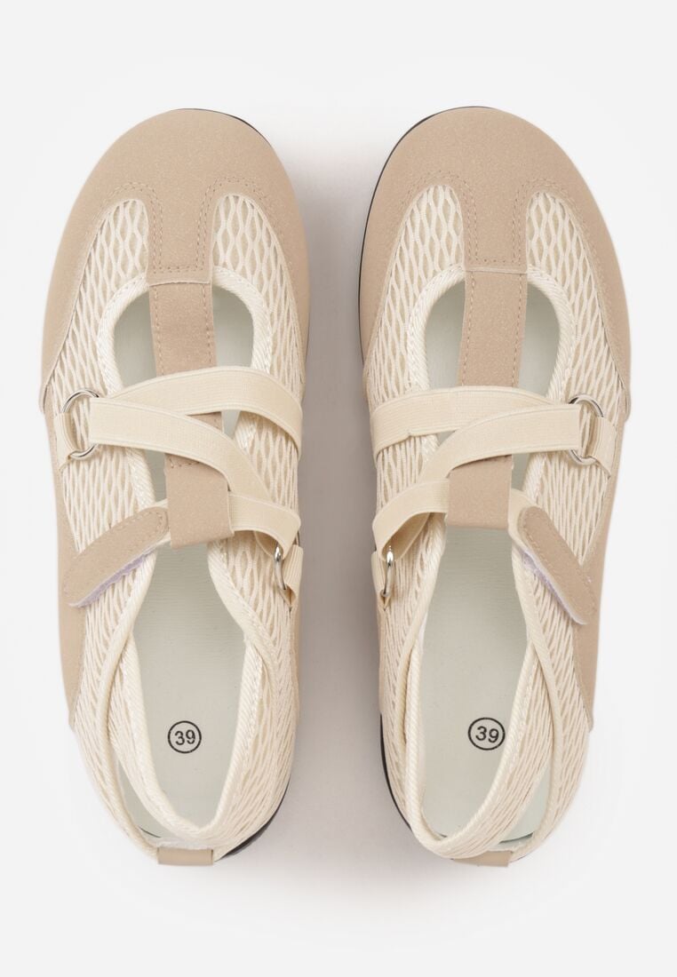 Ciemnobeżowe Siateczkowe Tenisówki w Stylu Balerinek z Paskiem na Rzep Talenate 6