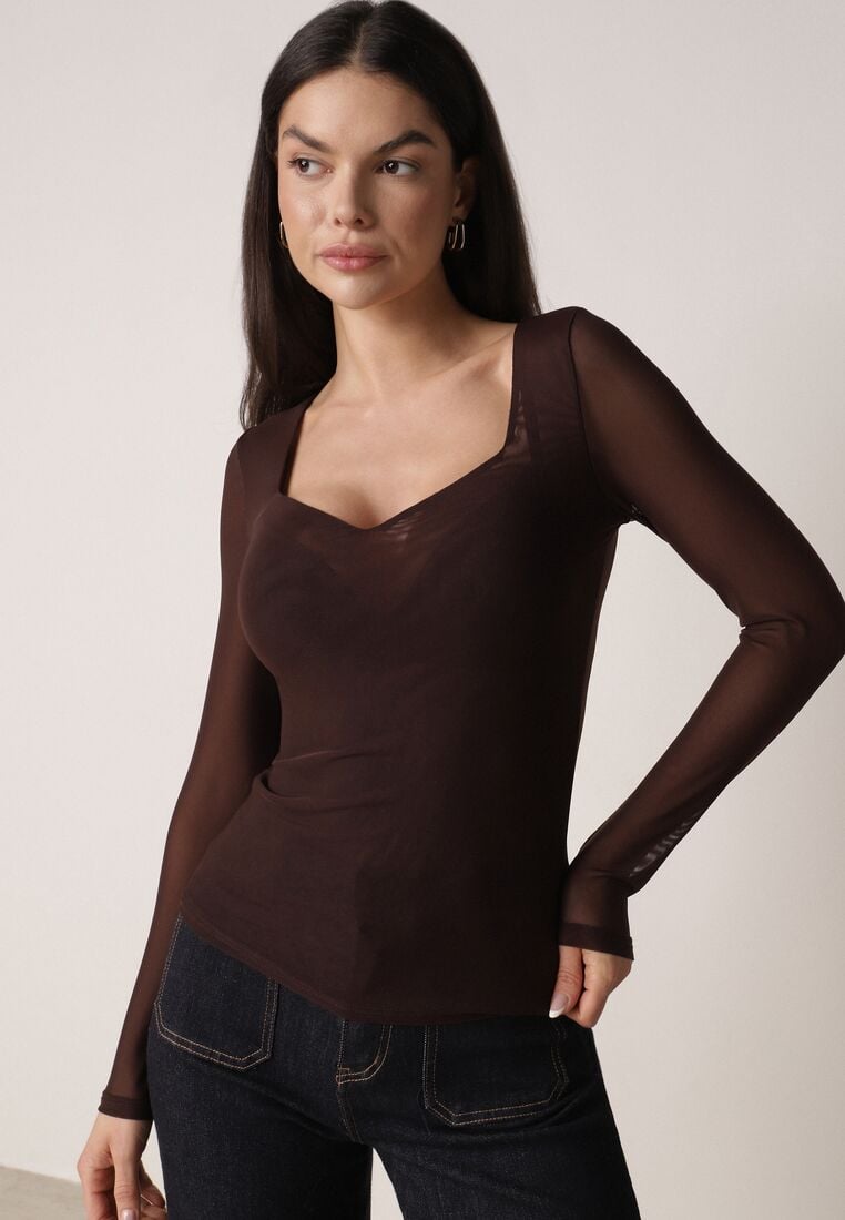 Ciemnobrązowa Bluzka Siateczkowa z Wiskozą z Długim Rękawem i Dekoltem w Serce Elanne 1