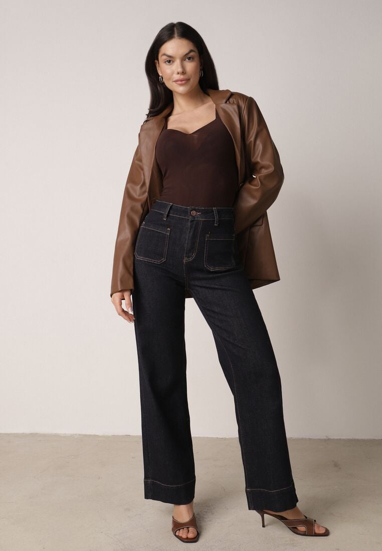 Ciemnobrązowa Bluzka Siateczkowa z Wiskozą z Długim Rękawem i Dekoltem w Serce Elanne 4