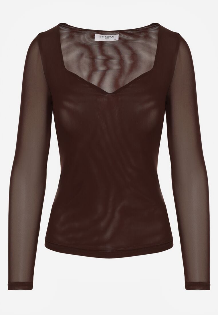Ciemnobrązowa Bluzka Siateczkowa z Wiskozą z Długim Rękawem i Dekoltem w Serce Elanne 6