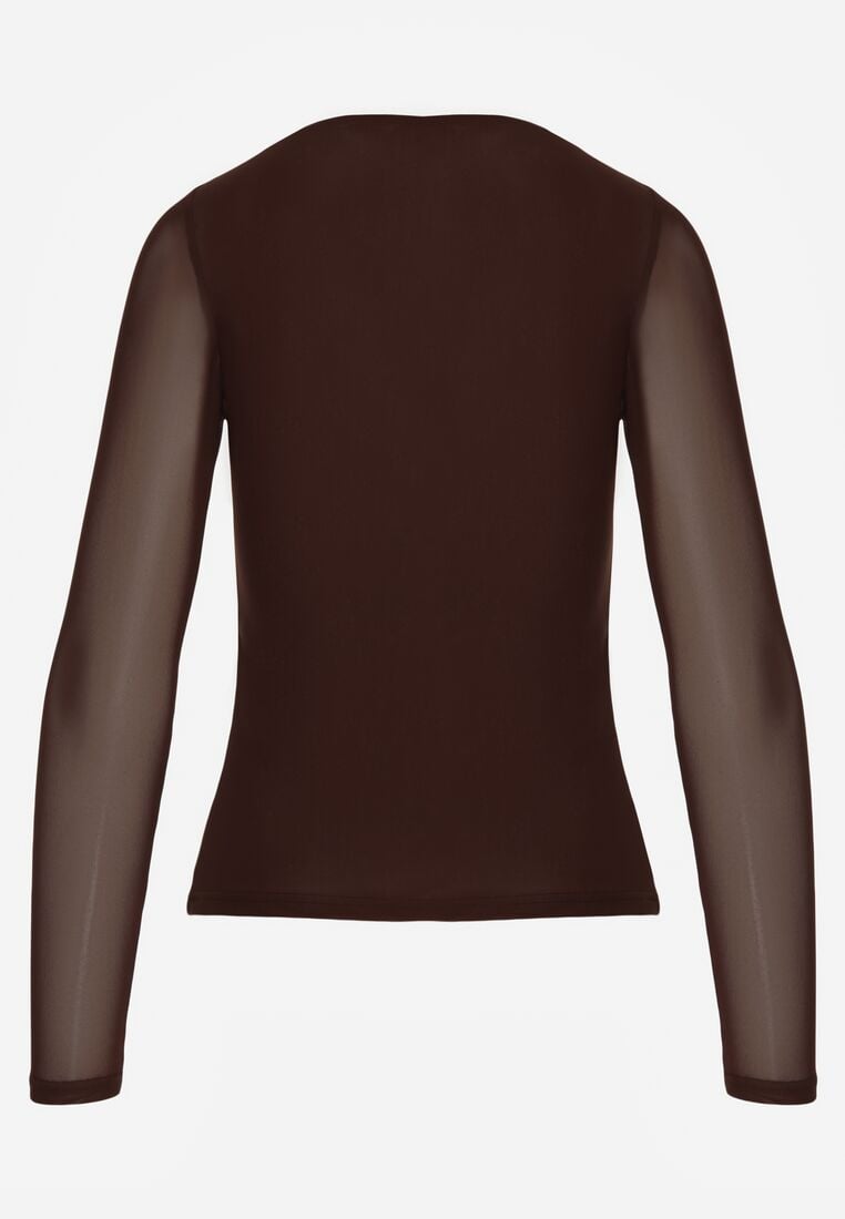 Ciemnobrązowa Bluzka Siateczkowa z Wiskozą z Długim Rękawem i Dekoltem w Serce Elanne 7