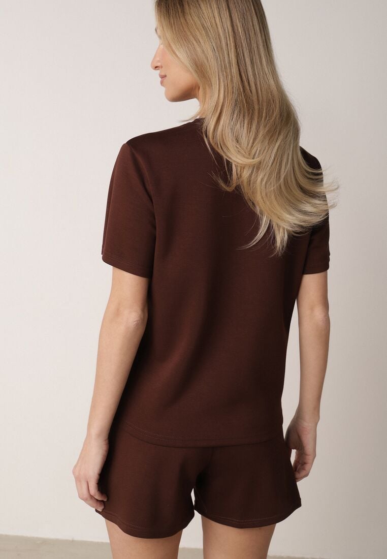 Brązowy Letni Komplet z Bawełny i Wiskozy T-shirt i Szorty Celinai 3