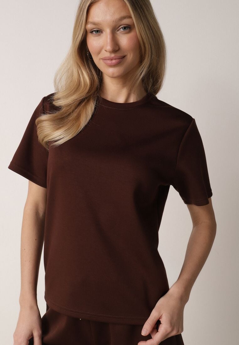 Brązowy Letni Komplet z Bawełny i Wiskozy T-shirt i Szorty Celinai 5