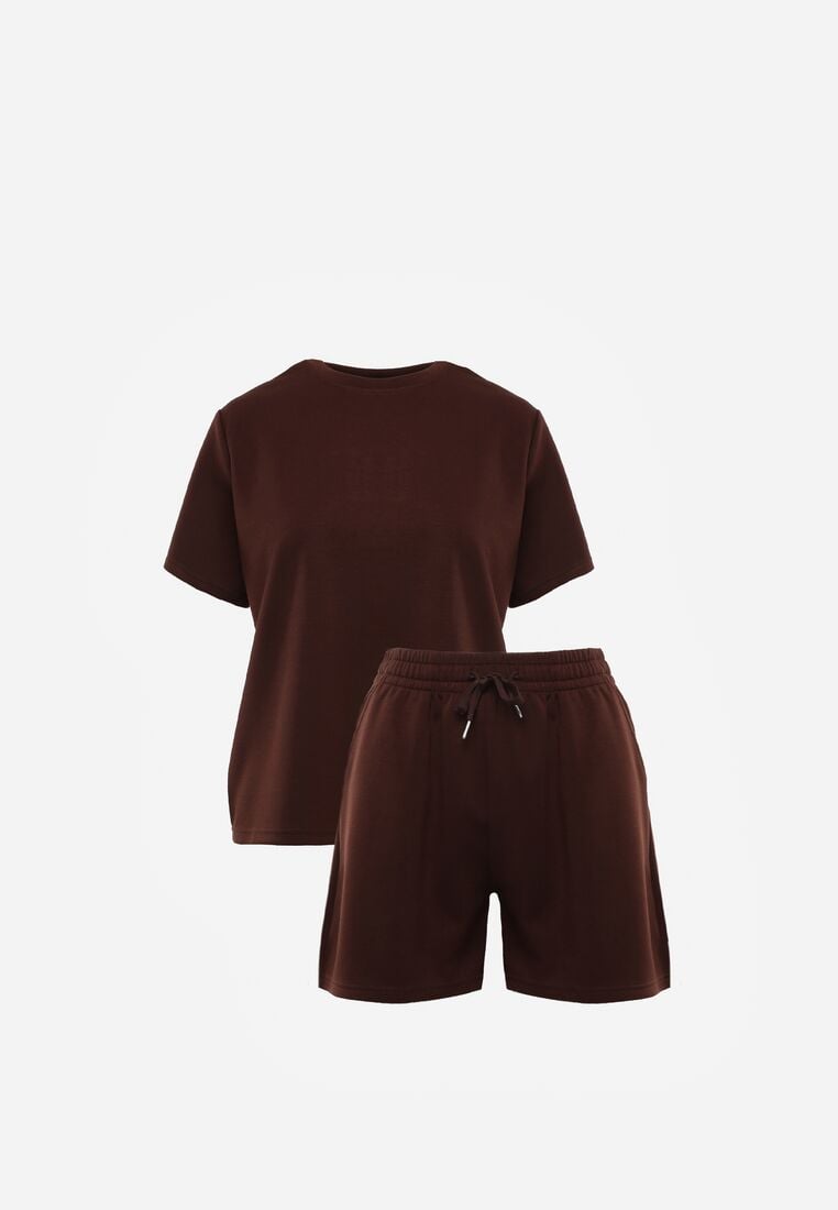 Brązowy Letni Komplet z Bawełny i Wiskozy T-shirt i Szorty Celinai 6