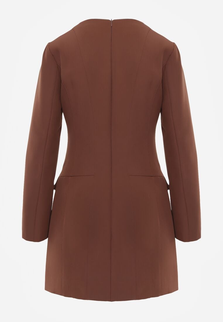 Brązowa Elegancka Sukienka VICES o Trapezowym Kroju z Imitacją Kieszeni Amaliete 7