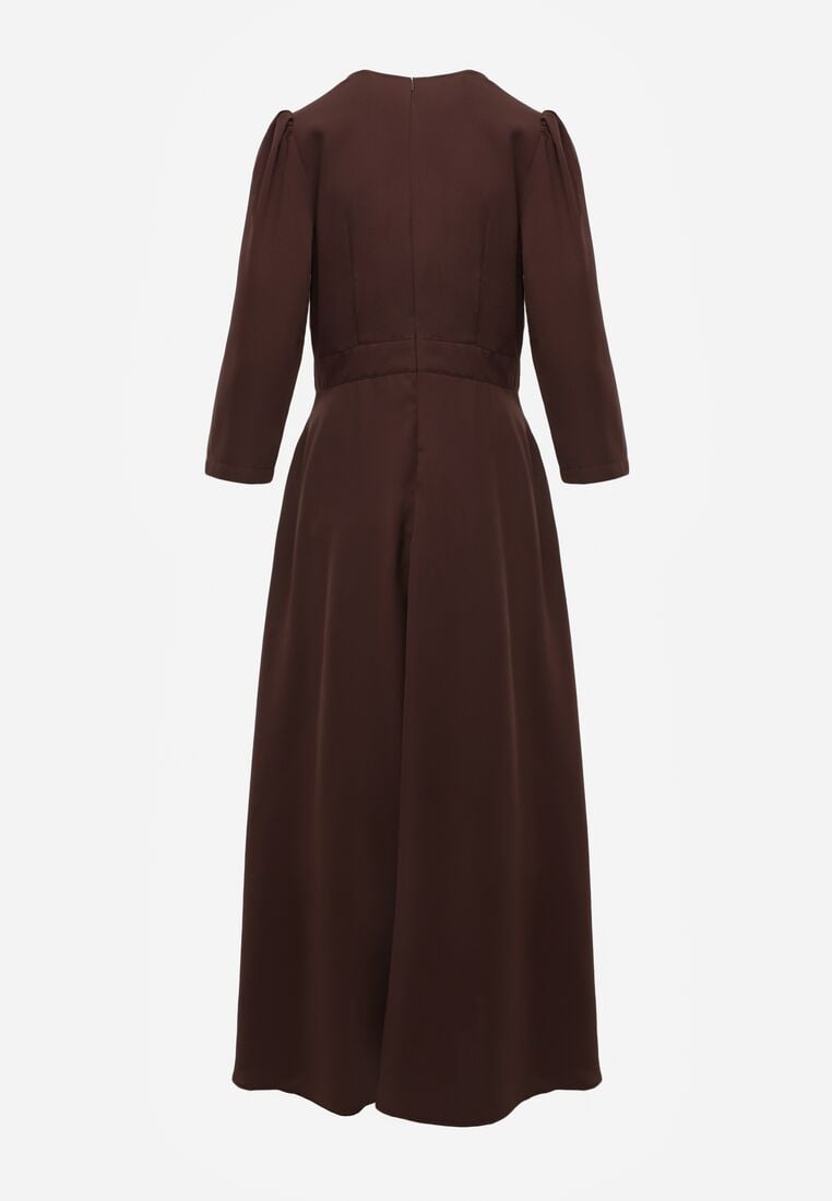 Brązowa Kopertowa Sukienka Wieczorowa z Metaliczną Aplikacją w Talii Henalana 7