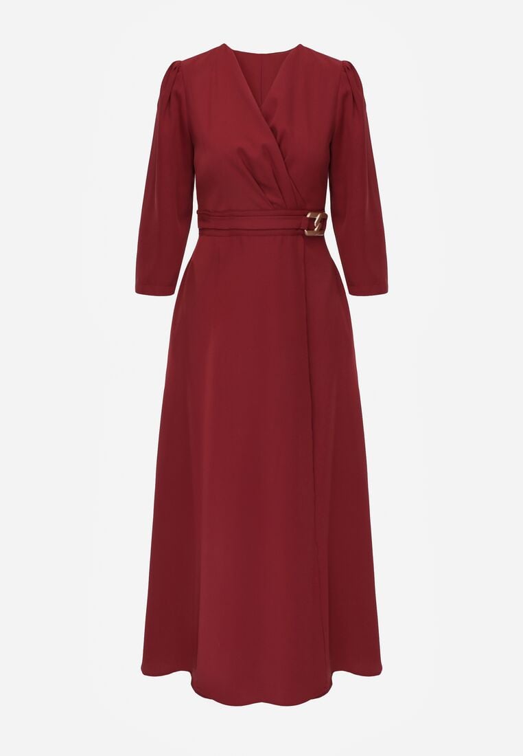 Bordowa Kopertowa Sukienka Wieczorowa z Metaliczną Aplikacją w Talii Henalana 6