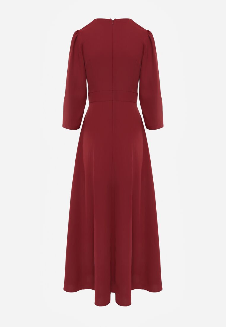 Bordowa Kopertowa Sukienka Wieczorowa z Metaliczną Aplikacją w Talii Henalana 7