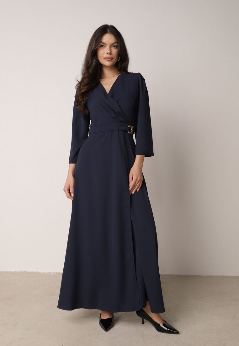 Granatowa Kopertowa Sukienka Wieczorowa z Metaliczną Aplikacją w Talii Henalana 2