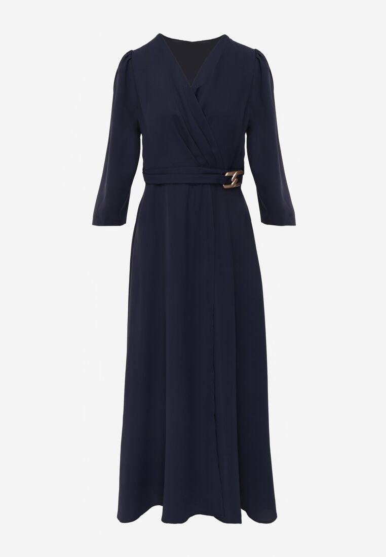 Granatowa Kopertowa Sukienka Wieczorowa z Metaliczną Aplikacją w Talii Henalana 6