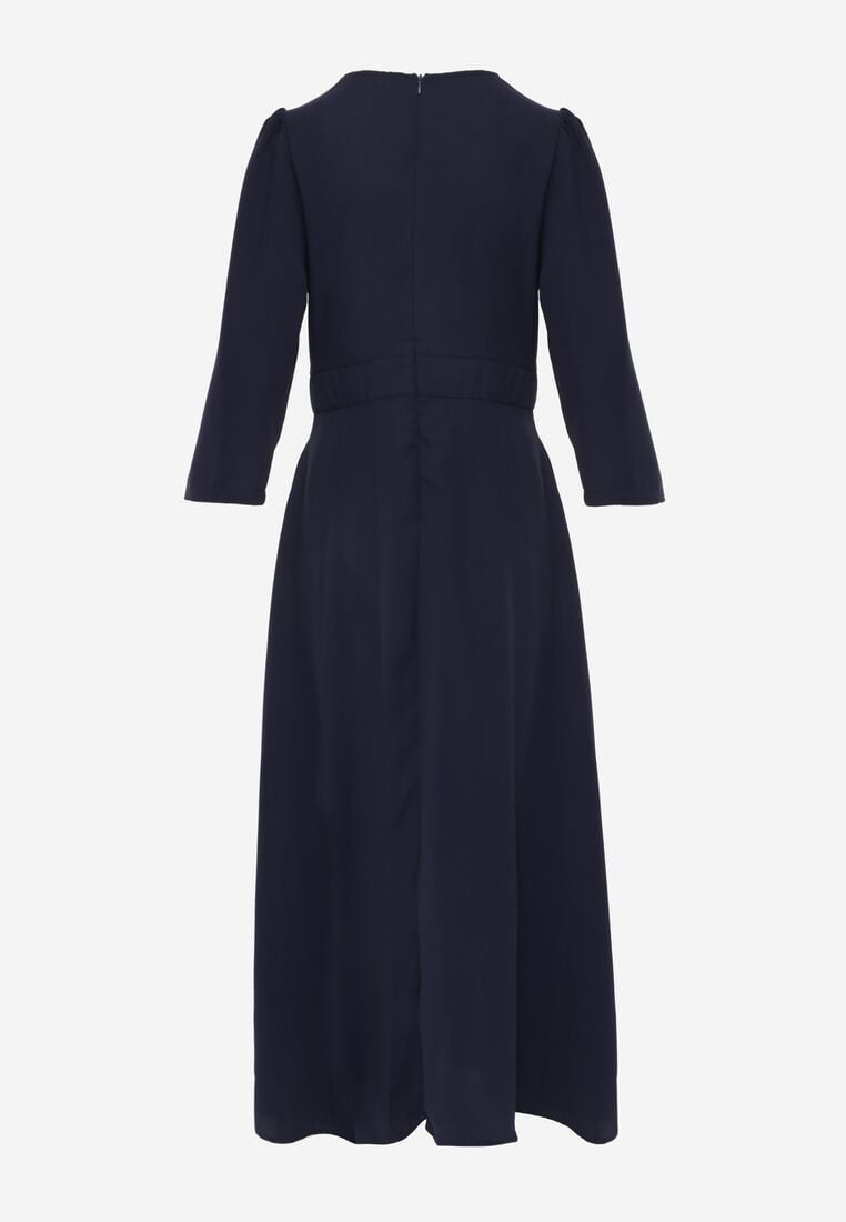 Granatowa Kopertowa Sukienka Wieczorowa z Metaliczną Aplikacją w Talii Henalana 7