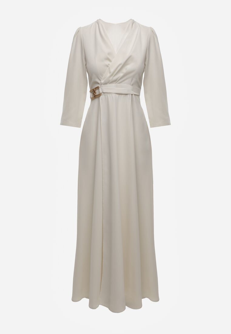 Jasnobeżowa Kopertowa Sukienka Wieczorowa z Metaliczną Aplikacją w Talii Henalana 6