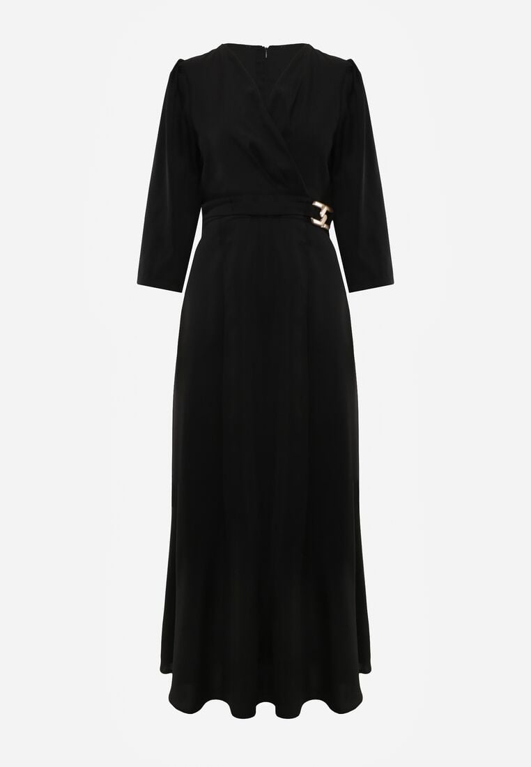 Czarna Kopertowa Sukienka Wieczorowa z Metaliczną Aplikacją w Talii Henalana 6