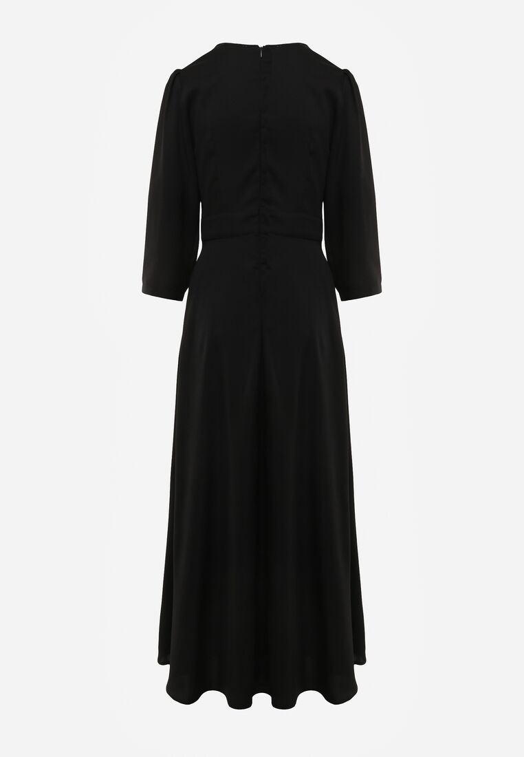 Czarna Kopertowa Sukienka Wieczorowa z Metaliczną Aplikacją w Talii Henalana 7