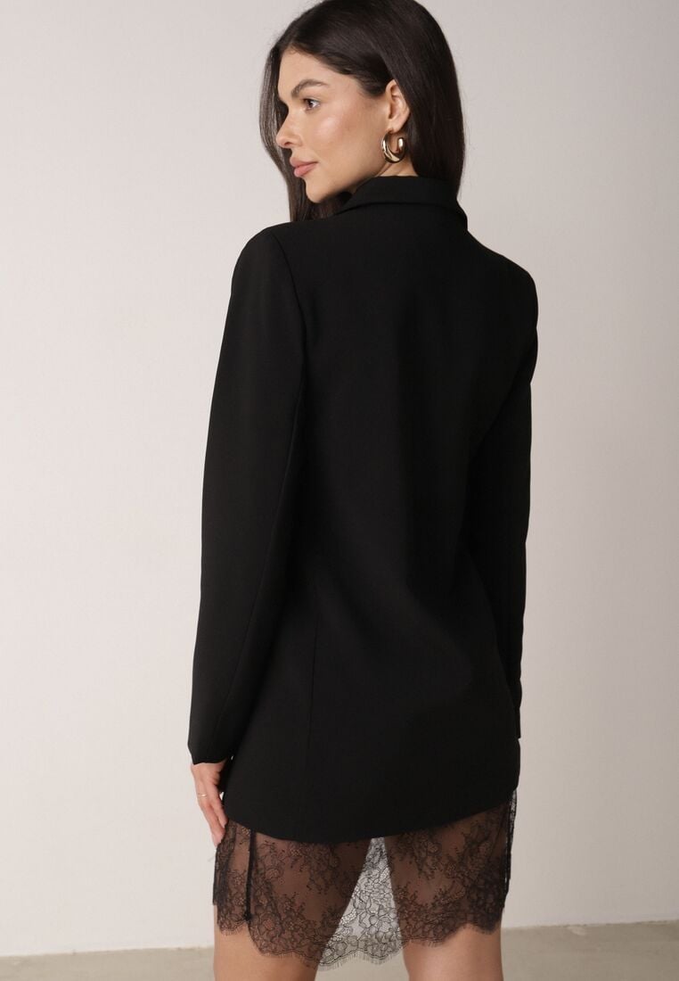 Czarna Pudełkowa Sukienka VICES o Kroju Marynarki z Koronką Nyshis 3