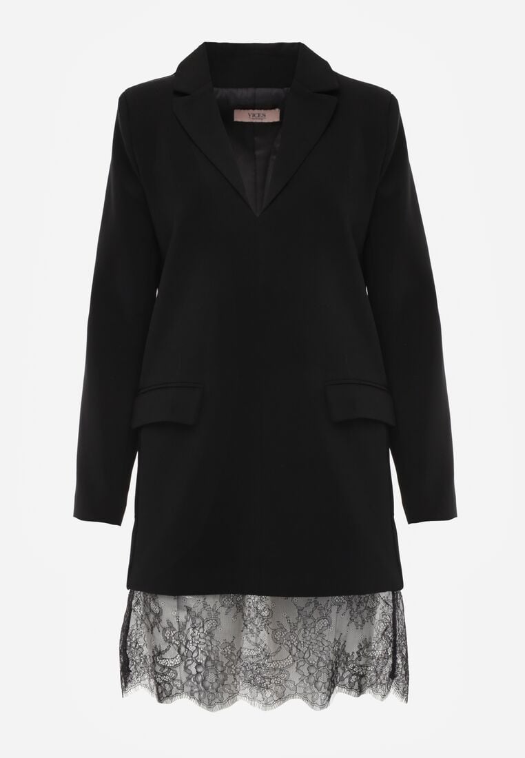 Czarna Pudełkowa Sukienka VICES o Kroju Marynarki z Koronką Nyshis 6
