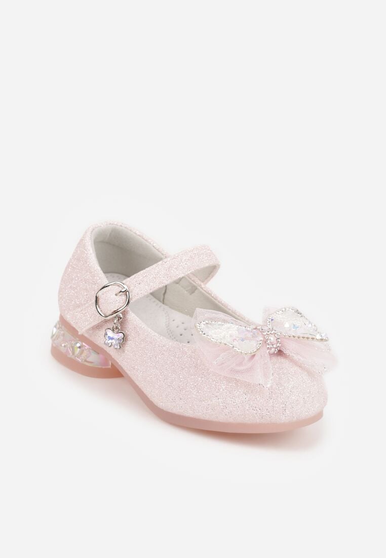 Różowe Balerinki z Paskiem i Skórzaną Wkładką Zdobione Kokardą z Cyrkoniami Larailee 2