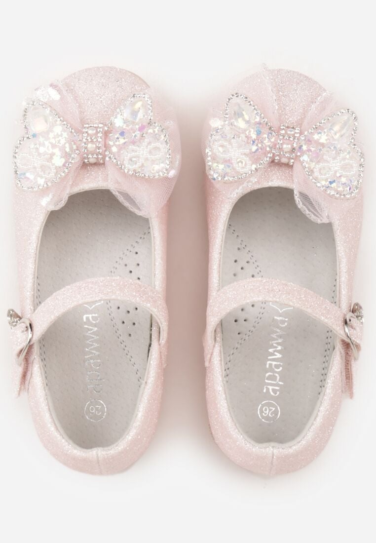 Różowe Balerinki z Paskiem i Skórzaną Wkładką Zdobione Kokardą z Cyrkoniami Larailee 3