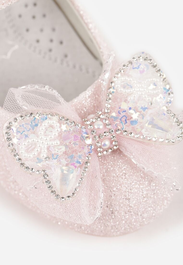 Różowe Balerinki z Paskiem i Skórzaną Wkładką Zdobione Kokardą z Cyrkoniami Larailee 5