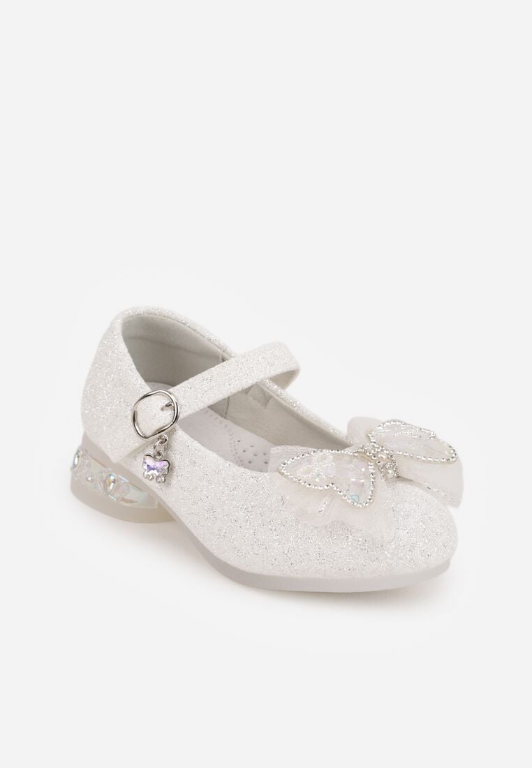 Białe Balerinki z Paskiem i Skórzaną Wkładką Zdobione Kokardą z Cyrkoniami Larailee 2