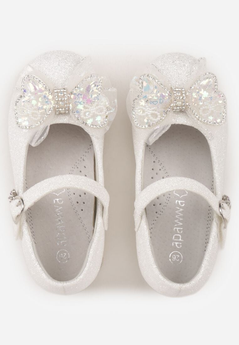 Białe Balerinki z Paskiem i Skórzaną Wkładką Zdobione Kokardą z Cyrkoniami Larailee 3