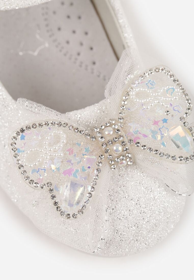 Białe Balerinki z Paskiem i Skórzaną Wkładką Zdobione Kokardą z Cyrkoniami Larailee 5