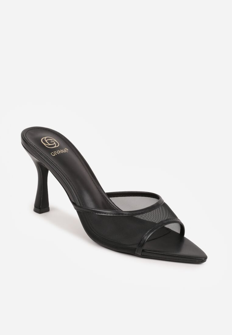 Czarne Klapki na Szpilce z Siateczkową Wyciętą Cholewką Laomesine 5