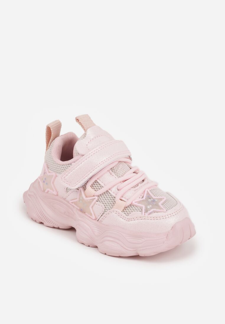 Różowe Buty Sportowe na Grubej Podeszwie z Siateczką Gwiazdkami i Zapięciem na Rzep Petilacia 2
