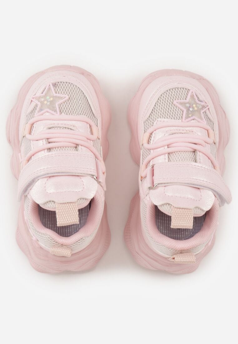 Różowe Buty Sportowe na Grubej Podeszwie z Siateczką Gwiazdkami i Zapięciem na Rzep Petilacia 3