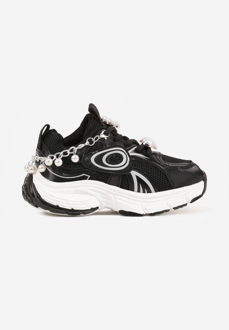 Czarne Buty Sportowe Sneakersy Chunky z Ozdobnym Łańcuszkiem z Perełkami Nephenilla 1