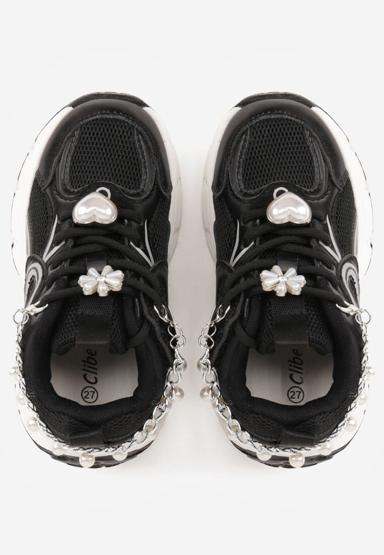 Czarne Buty Sportowe Sneakersy Chunky z Ozdobnym Łańcuszkiem z Perełkami Nephenilla 3