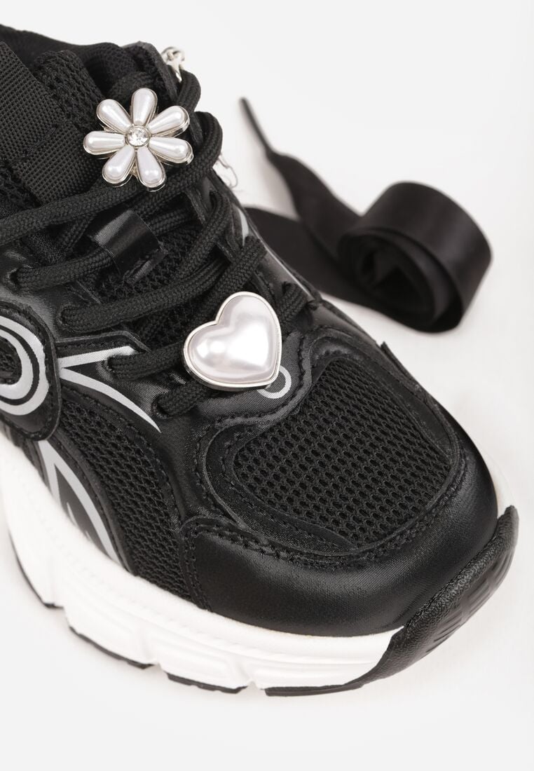 Czarne Buty Sportowe Sneakersy Chunky z Ozdobnym Łańcuszkiem z Perełkami Nephenilla 5