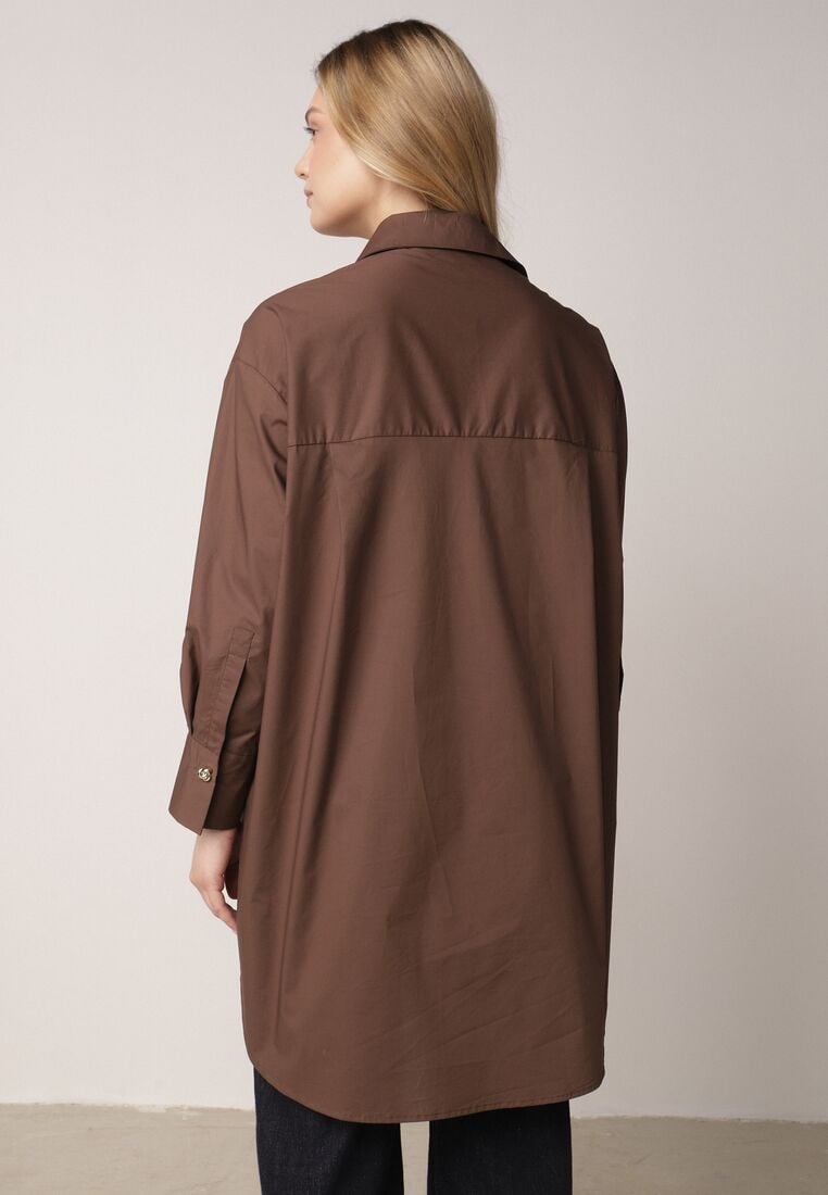 Brązowa Bawełniana Koszula Oversize z Biżuteryjnymi Guzikami Adrearina 3