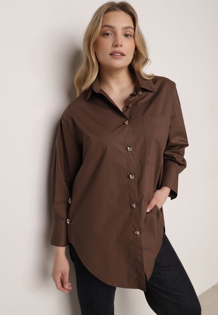 Brązowa Bawełniana Koszula Oversize z Biżuteryjnymi Guzikami Adrearina 4