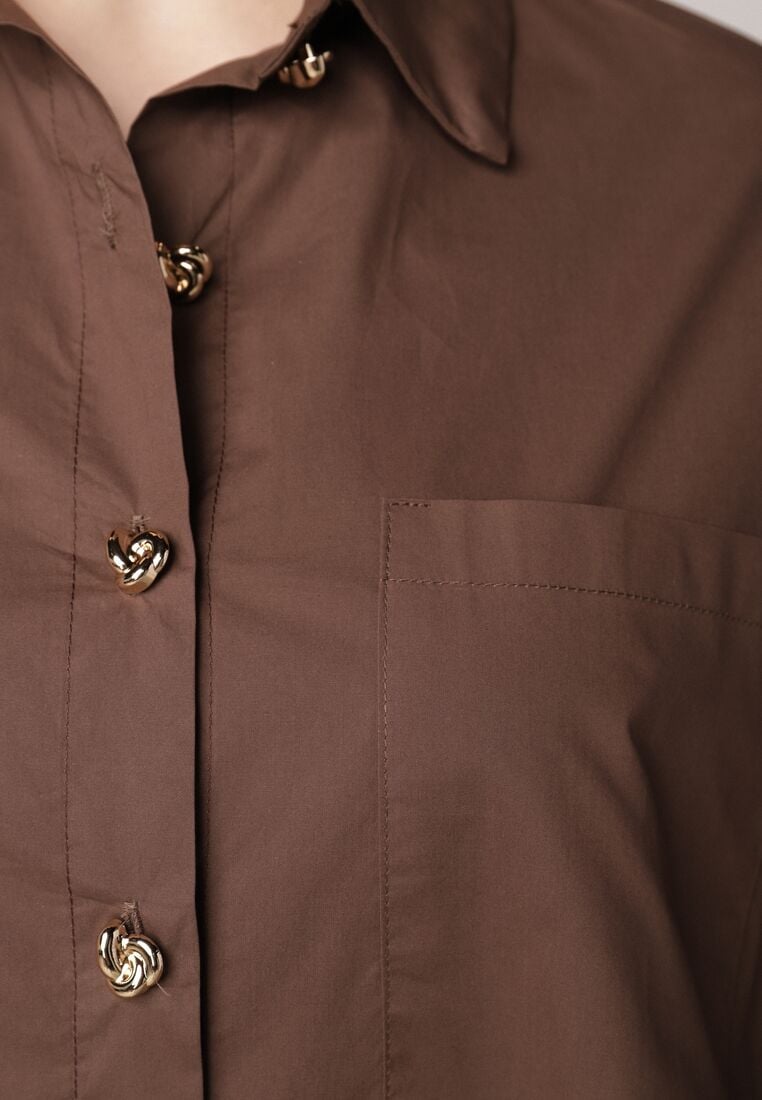 Brązowa Bawełniana Koszula Oversize z Biżuteryjnymi Guzikami Adrearina 5