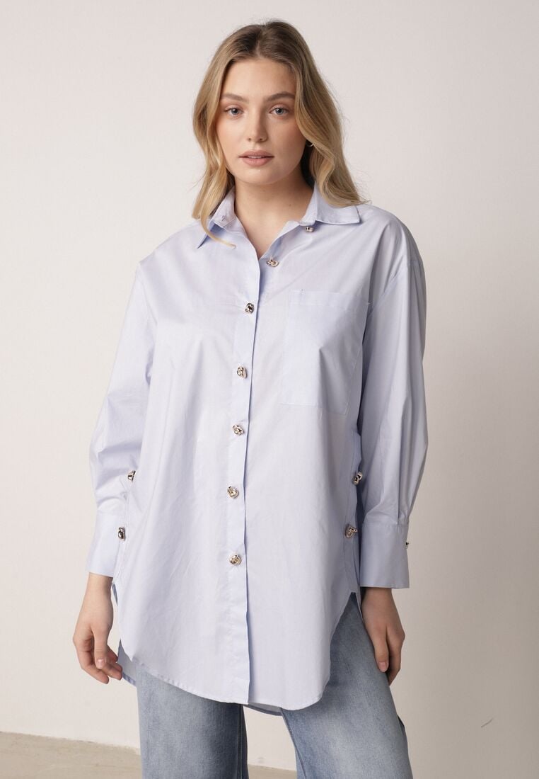 Niebieska Bawełniana Koszula Oversize z Biżuteryjnymi Guzikami Adrearina 1
