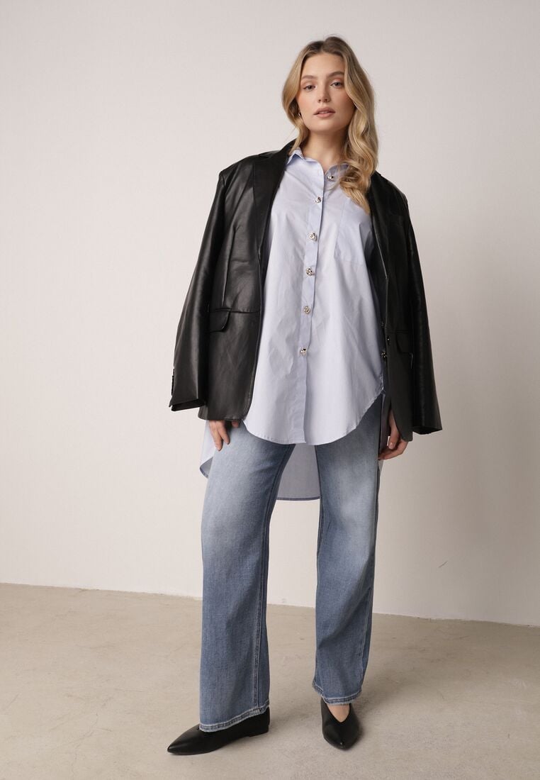 Niebieska Bawełniana Koszula Oversize z Biżuteryjnymi Guzikami Adrearina 2