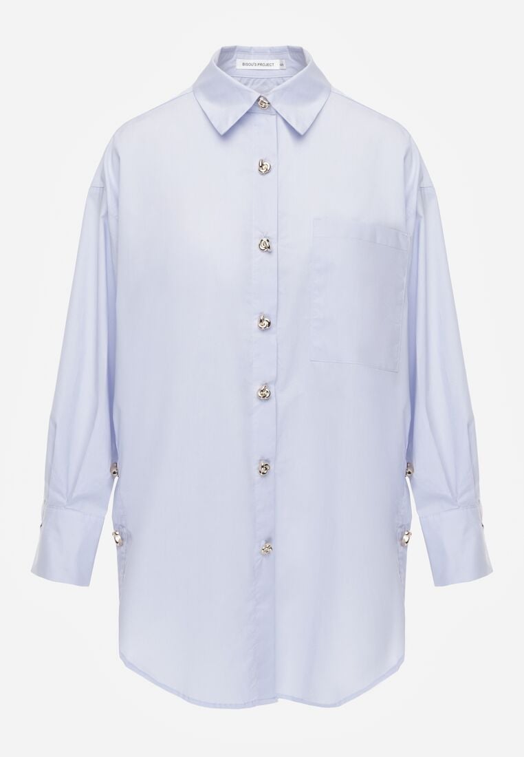 Niebieska Bawełniana Koszula Oversize z Biżuteryjnymi Guzikami Adrearina 6