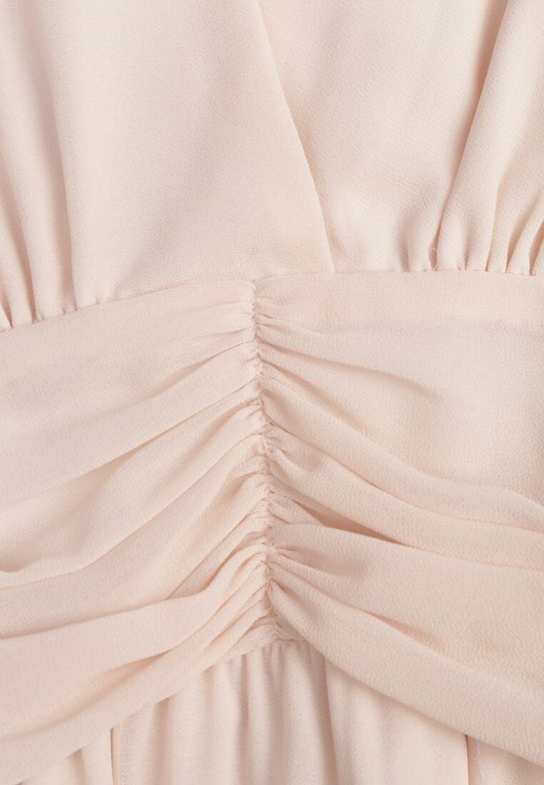 Beżowa Romantyczna Sukienka Koktajlowa z Falbanami i Marszczeniem w Pasie Aranilla 8